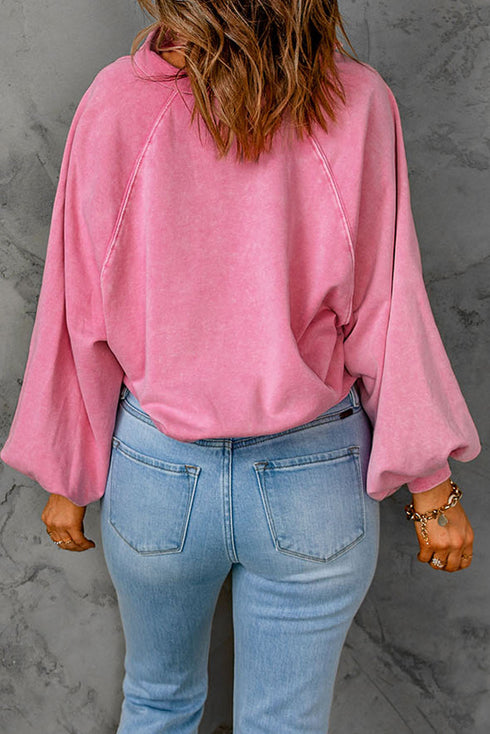 Lantern Sleeve Snap Button Placket Washed Pullover Casual Round Neck Sweatshirt